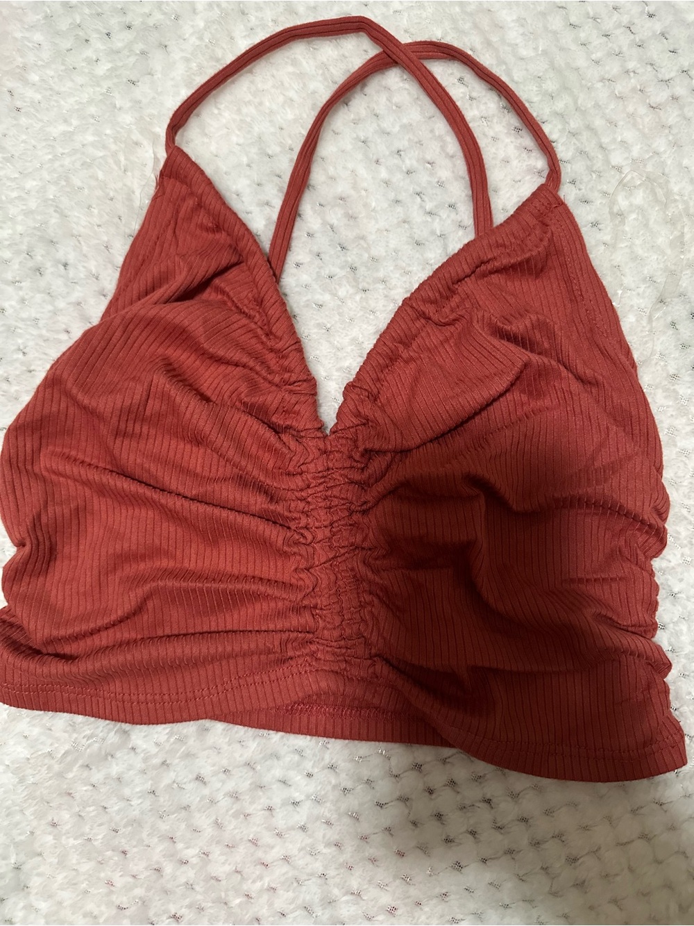 Heart Hips Ribbed Ruched Halter Bralette in Rusty Coral